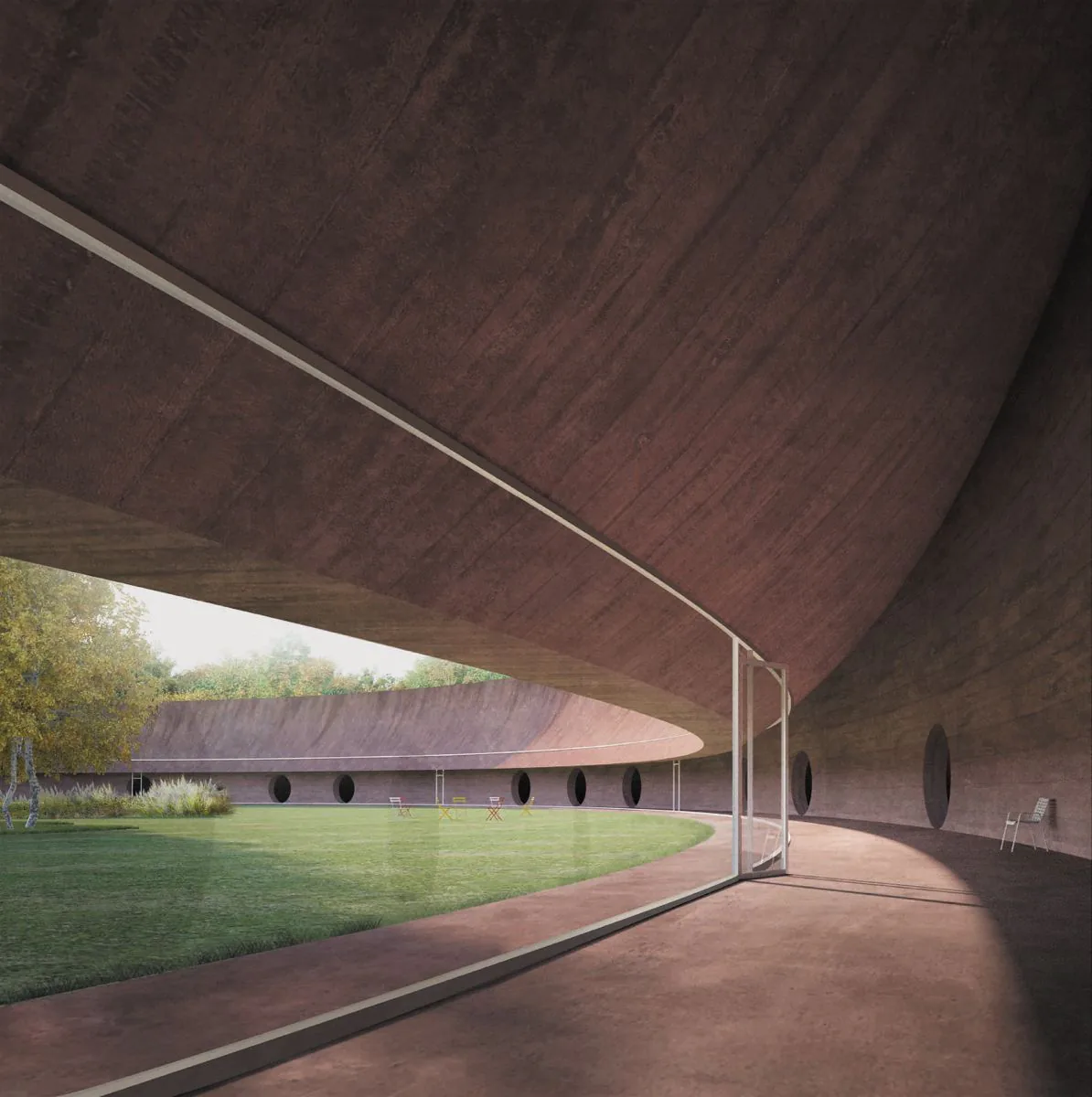 A curved concrete roof frames a green courtyard, with an open glass door and a quiet path beyond.